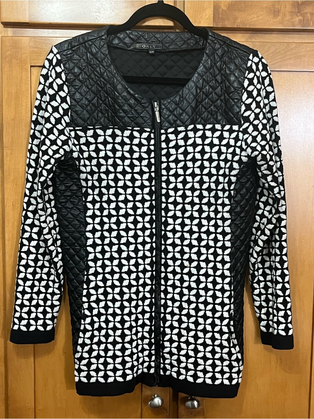 ORLY Black White Quilted Faux Leather Panel Zip Up Jacket Cardigan Medium